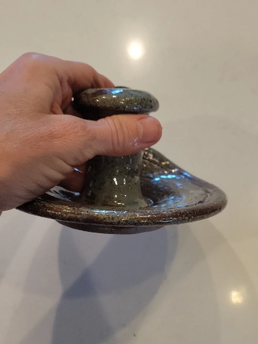 Vintage Hamdmade Speckled Sage Green Ceramic Chamberstick Candle Holder